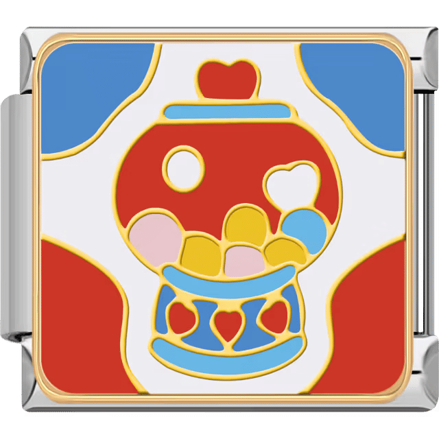 A cheerful red and blue gumball machine with heart shapes and colorful gumballs inside a silver Italian charm.